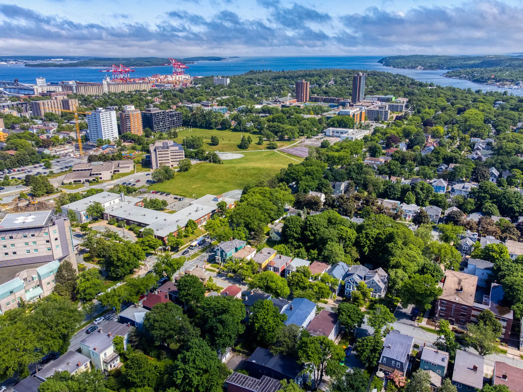 Aerial view across Halifax toward the harbour